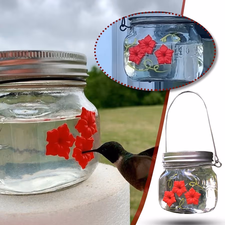 Beautiful Mason Jar Hummingbird Feeder with three feeding ports