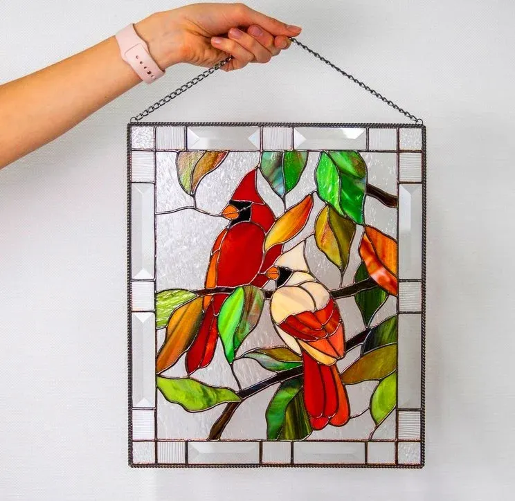 Stained Glass Birds on Window Panel - colorful decorative window art